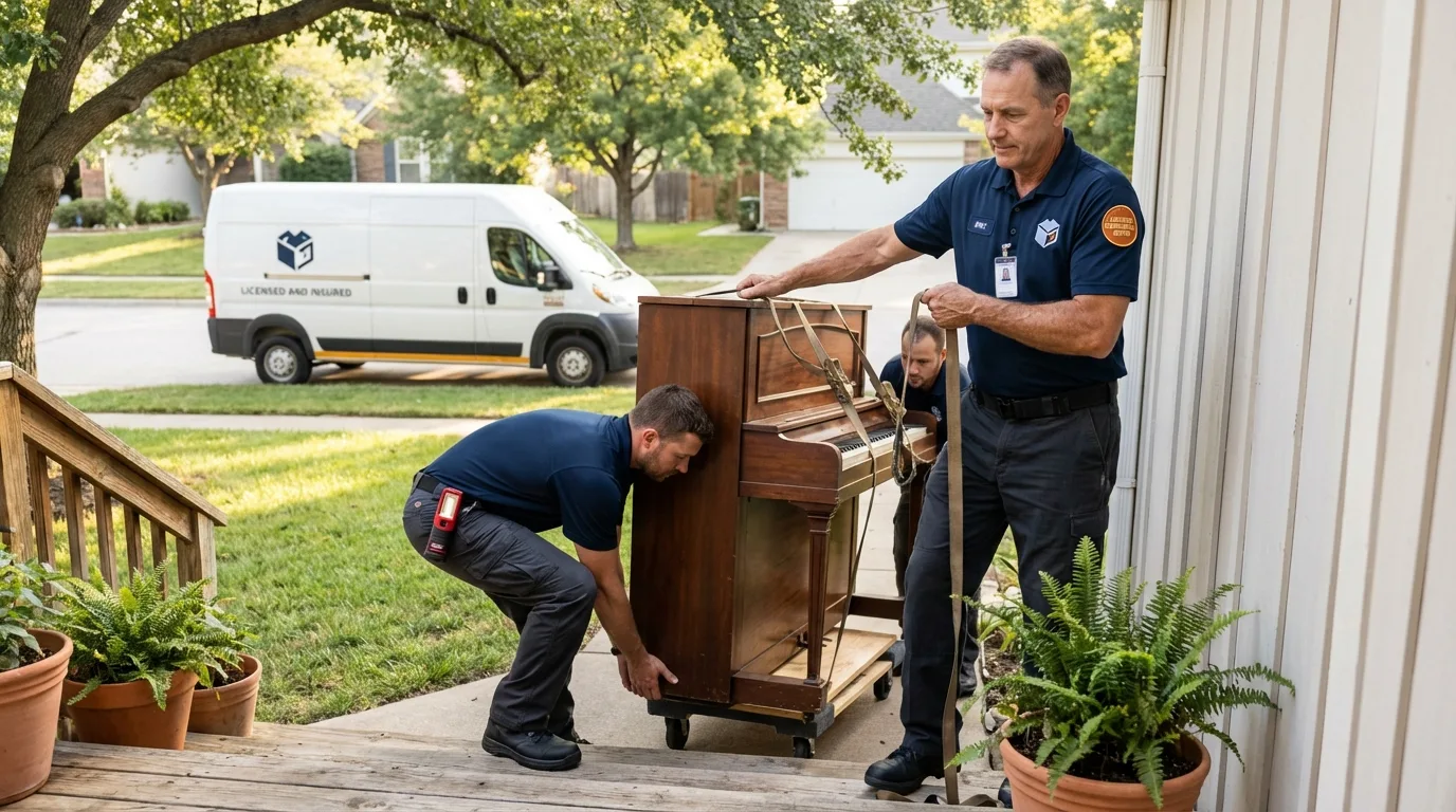Licensed piano movers securing grand piano in Winfield, AL