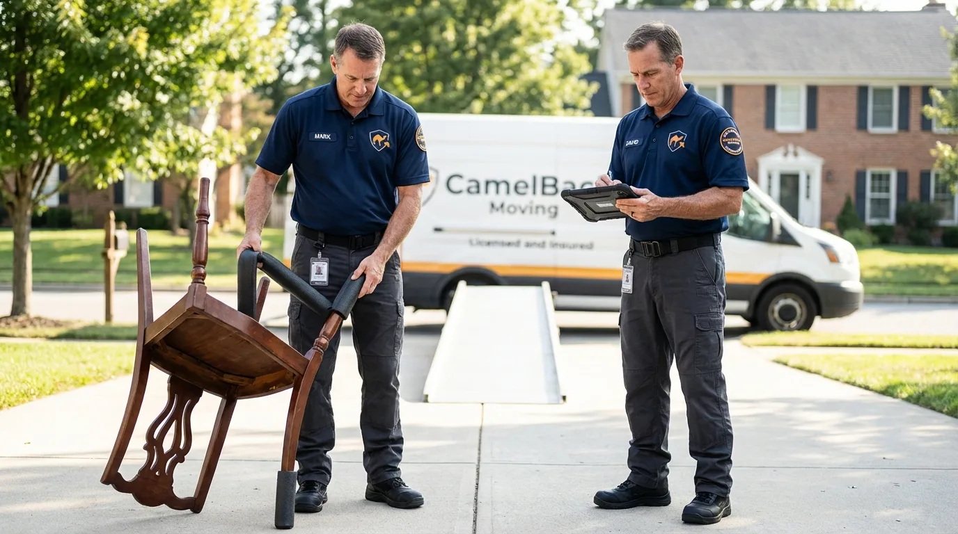 Movers inspecting furniture for damage prevention before loading in Winfield, AL