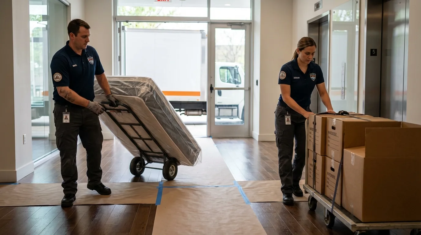 Professional apartment movers loading elevator in Winfield, AL
