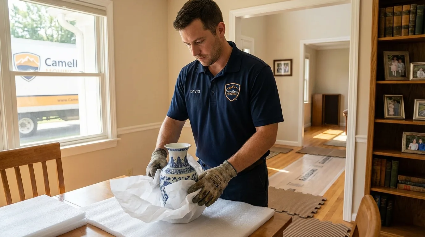 Professional crew carefully wrapping antique vase for senior downsizing move in Winfield, AL